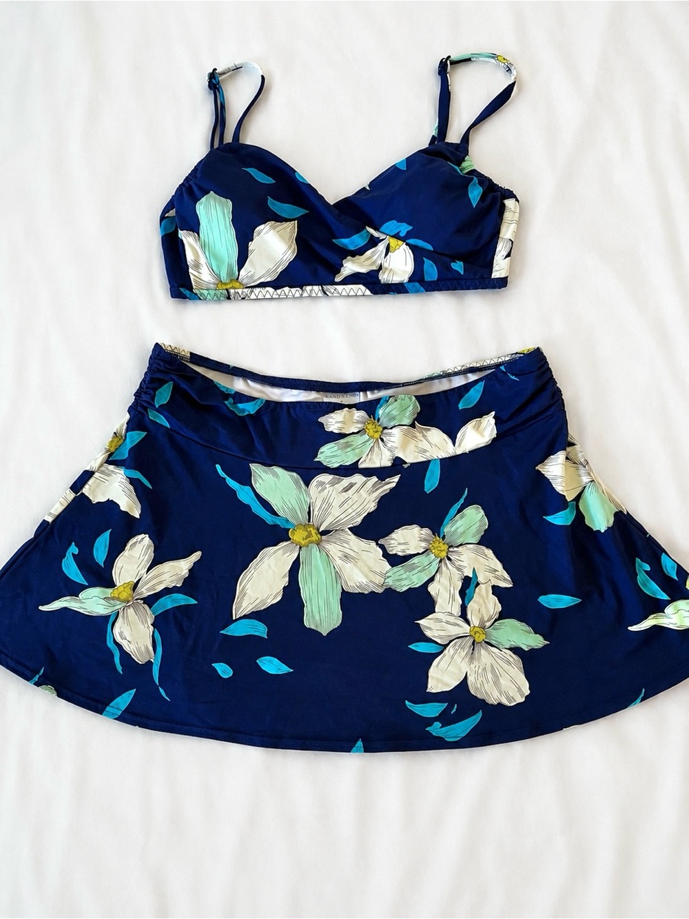 Lands’ End | Floral Navy Blue Bikini Top & Swim Skirt Set